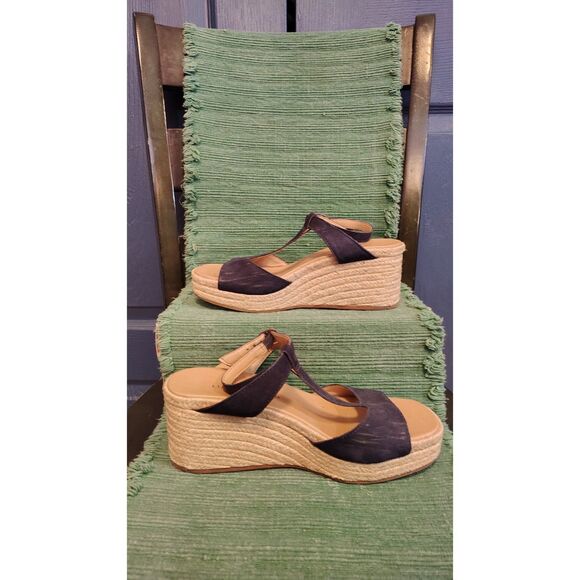 Lucky Brand Women's 7.5M Blue Strap and Tan Wedge Espadrille Sandals - Picture 1 of 7